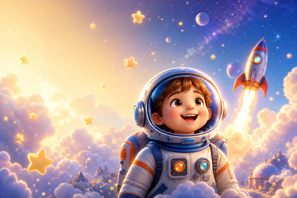Child astronaut setting off on a magical space adventure