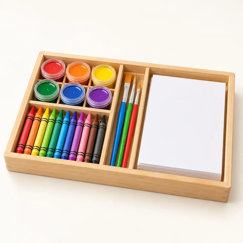 Demo mockup kreativnog seta s bojicama, bojama i papirom.